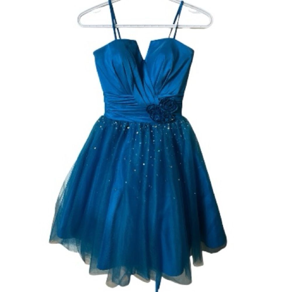 Maggie Sottero Teal Blue Tulle Party Dress with Floral Waist